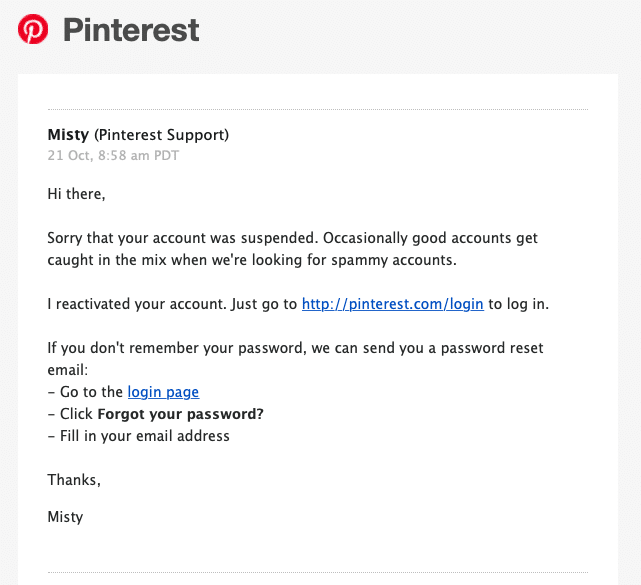 Pinterest account suspension- reply
